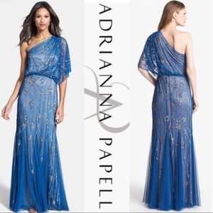 Adrianna Papell blue beaded one shoulder gown